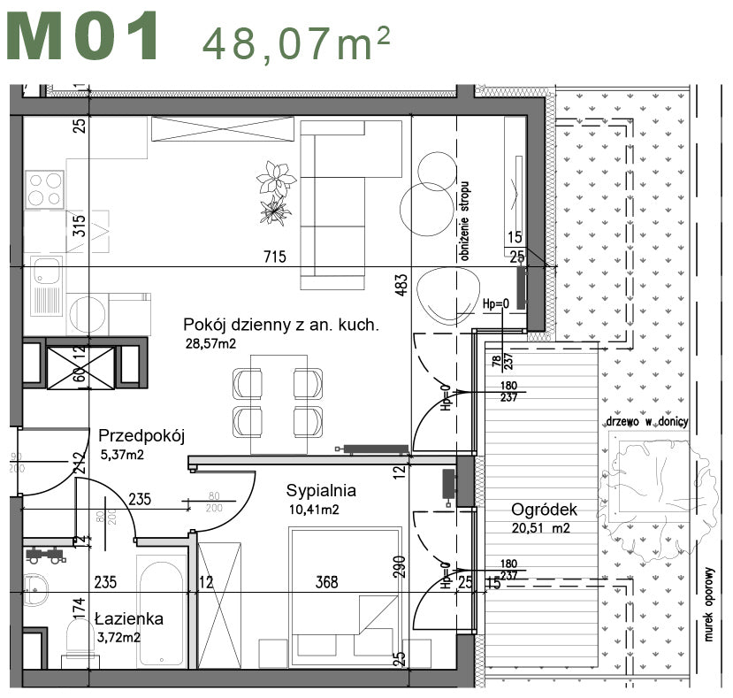 Mieszkanie - M01 - 48,07 m² - 2 pokoje - z ogródkiem