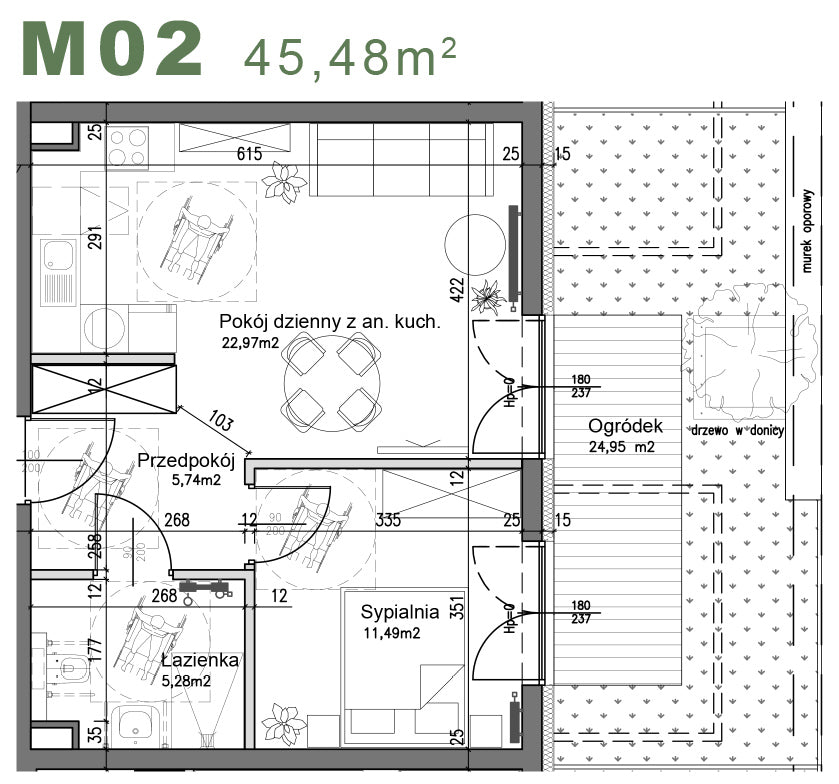 Mieszkanie - M02 - 45,48 m² - 2 pokoje - z ogródkiem