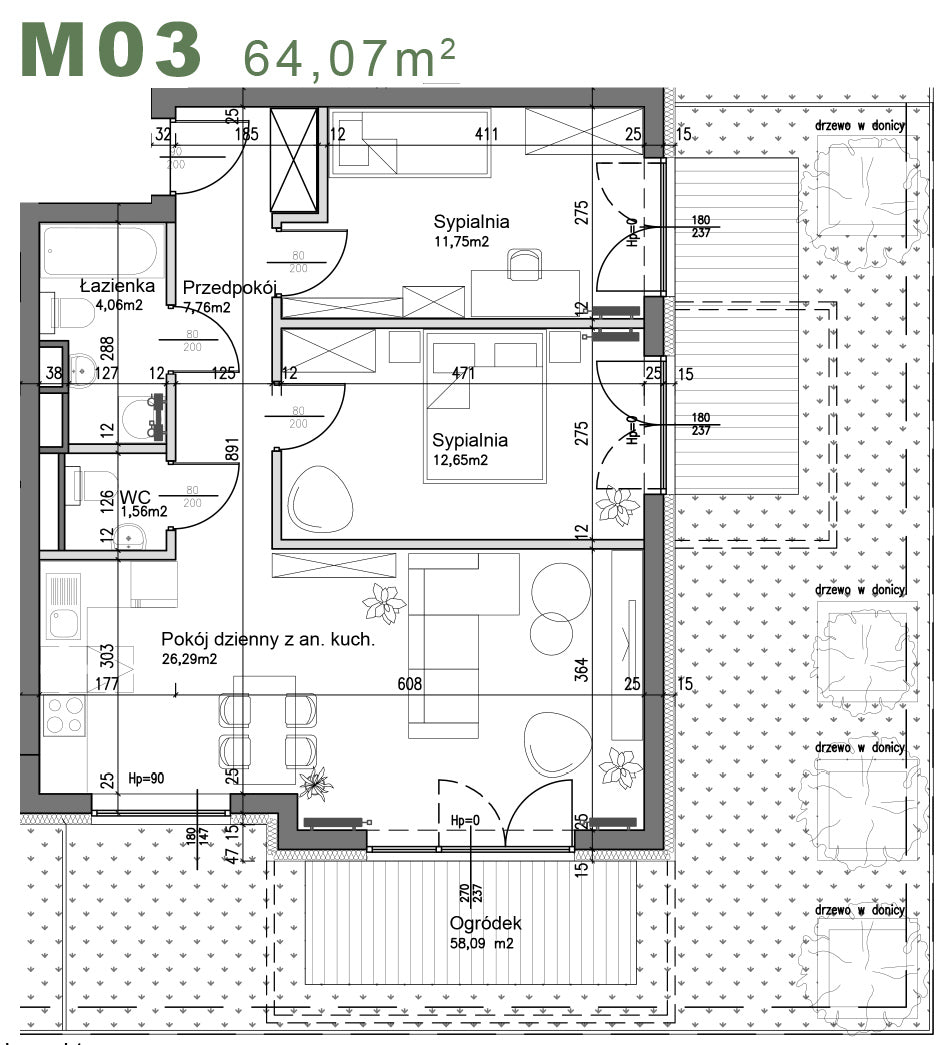 Mieszkanie - M03 - 64,07 m² - 3 pokoje - z ogródkiem