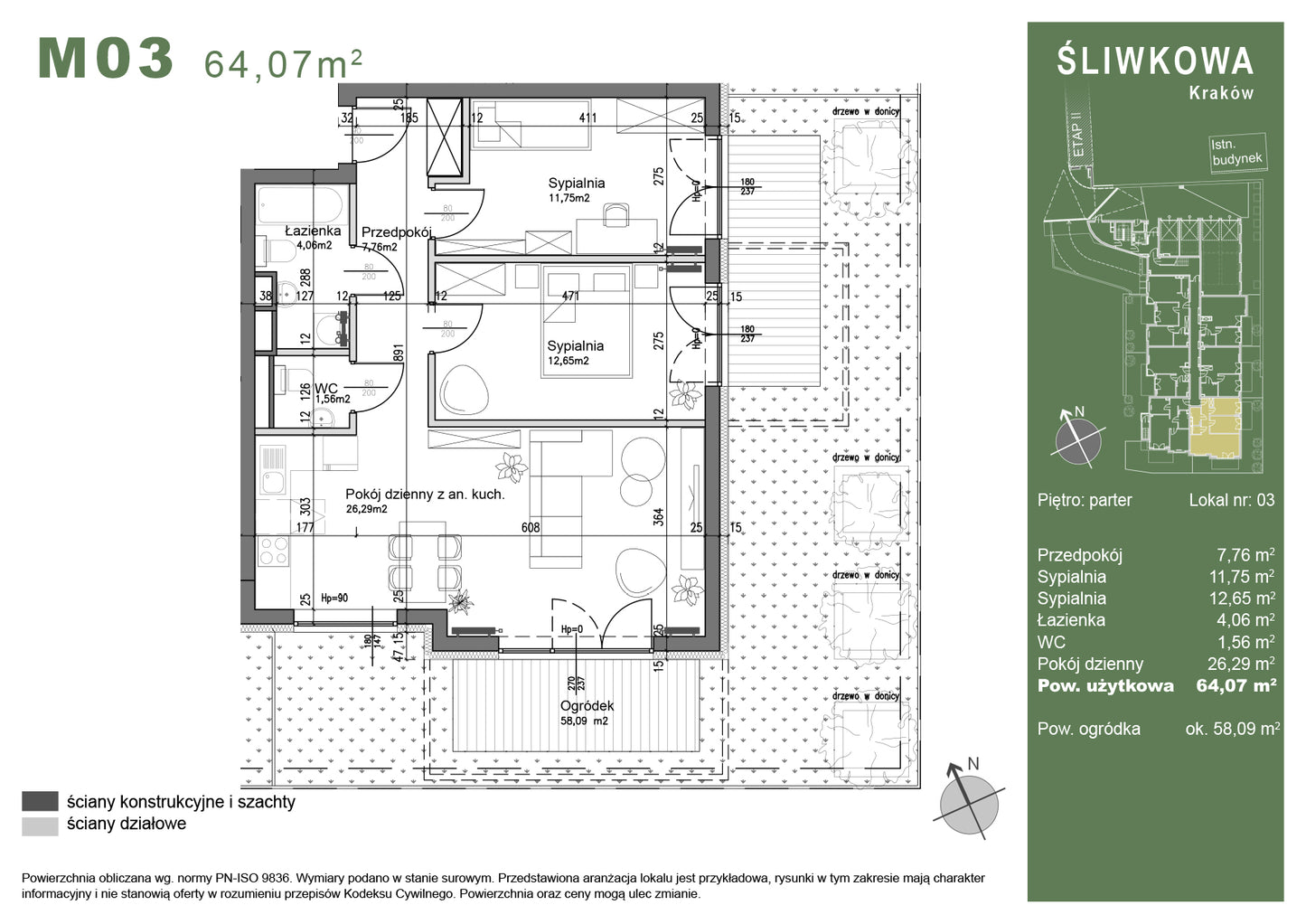 Mieszkanie - M03 - 64,07 m² - 3 pokoje - z ogródkiem