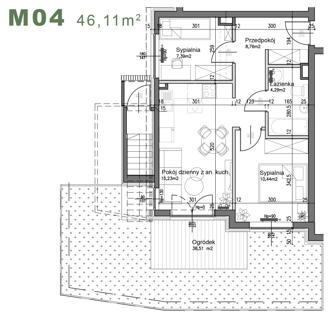 Mieszkanie - M04 - 46,11 m² - 3 pokoje - z ogródkiem