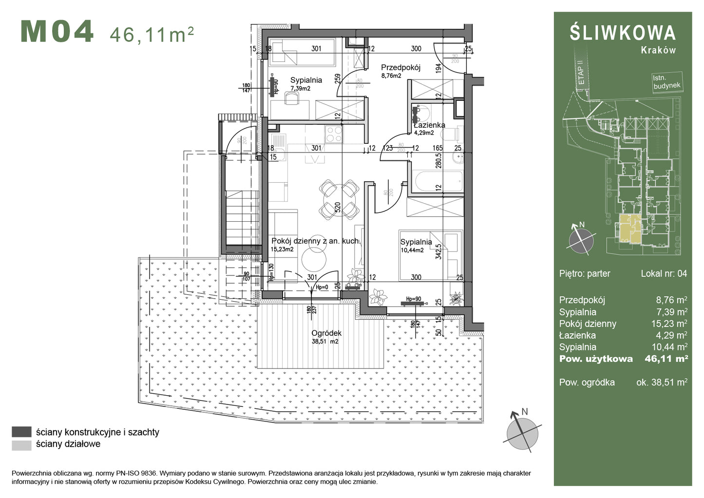 Mieszkanie - M04 - 46,11 m² - 3 pokoje - z ogródkiem