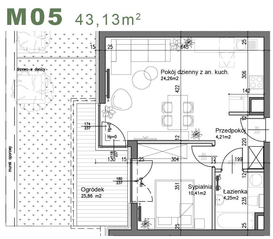 Mieszkanie - M05 - 43,13 m² - 2 pokoje - z ogródkiem