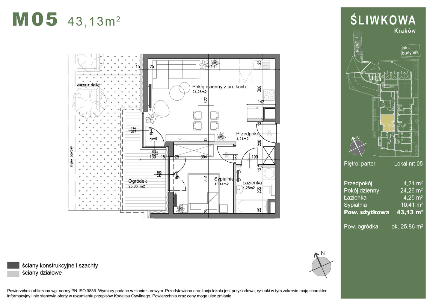 Mieszkanie - M05 - 43,13 m² - 2 pokoje - z ogródkiem