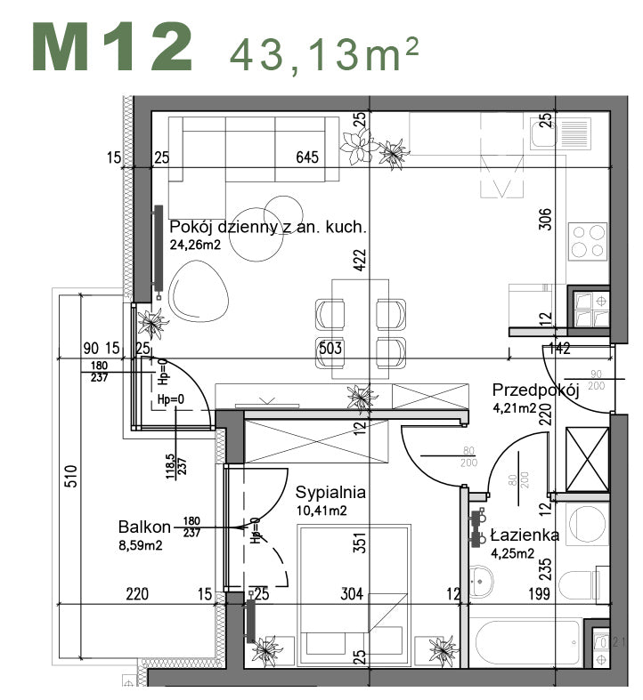 Mieszkanie - M12 - 43,13 m² - 2 pokoje