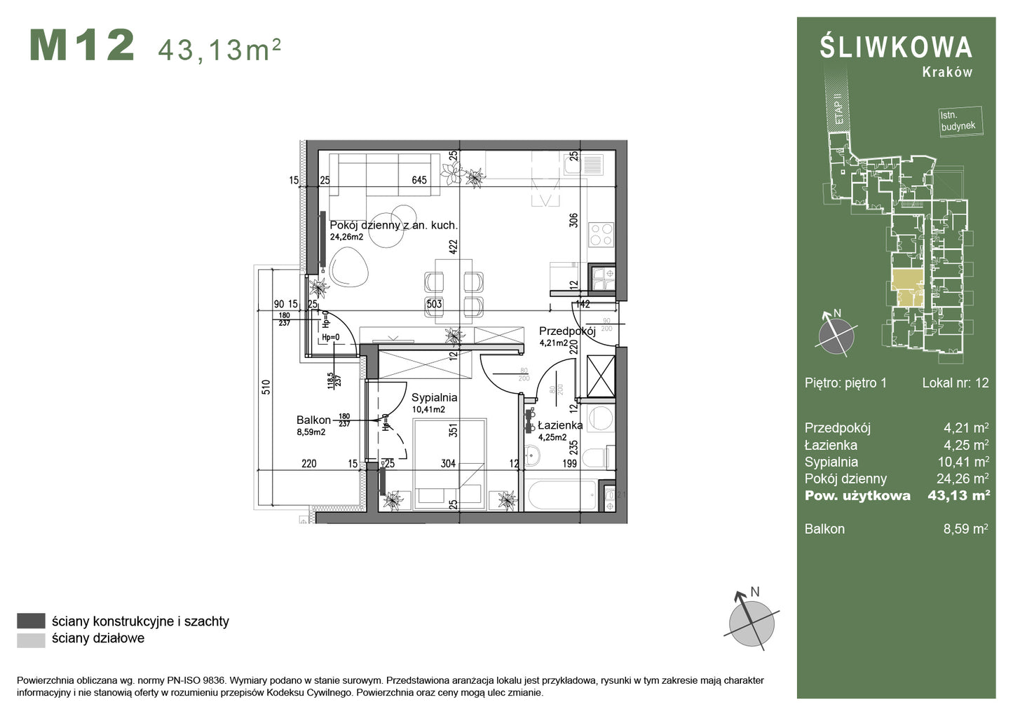 Mieszkanie - M12 - 43,13 m² - 2 pokoje