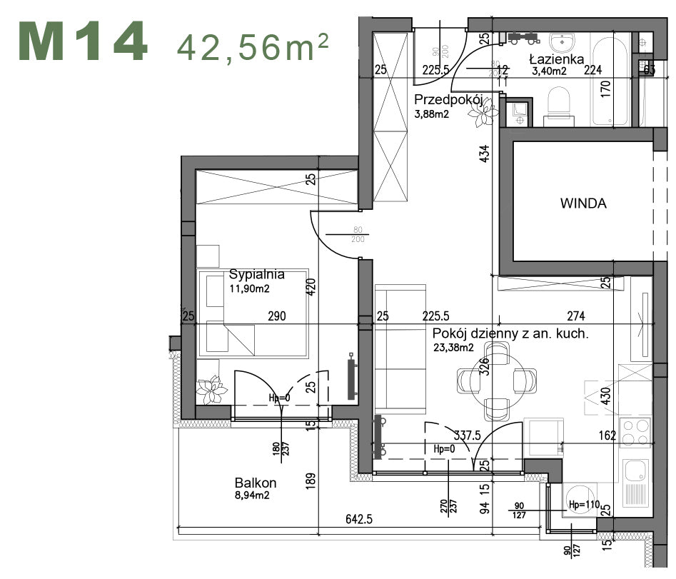 Mieszkanie - M14 -    42,56 m² - 2 pokoje
