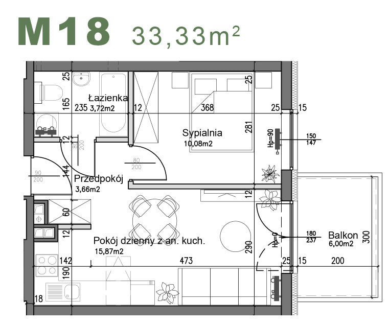 Mieszkanie - M18 -  33,33 m² - 2 pokoje