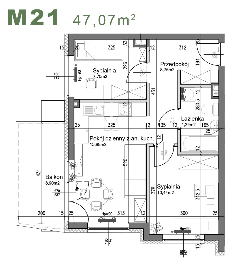 Mieszkanie - M21 -  47,07 m² - 3 pokoje