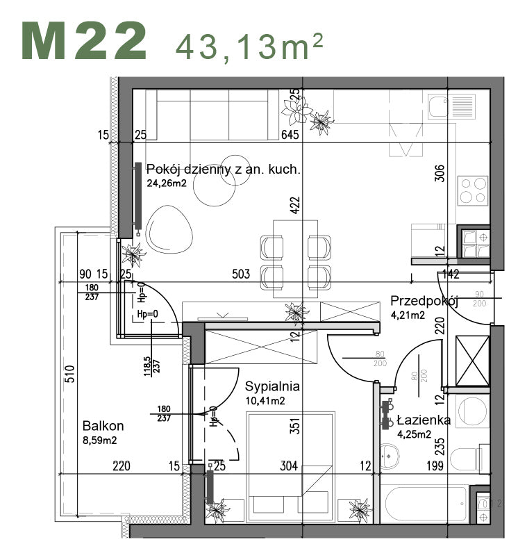 Mieszkanie - M22 -   43,13 m² - 2 pokoje
