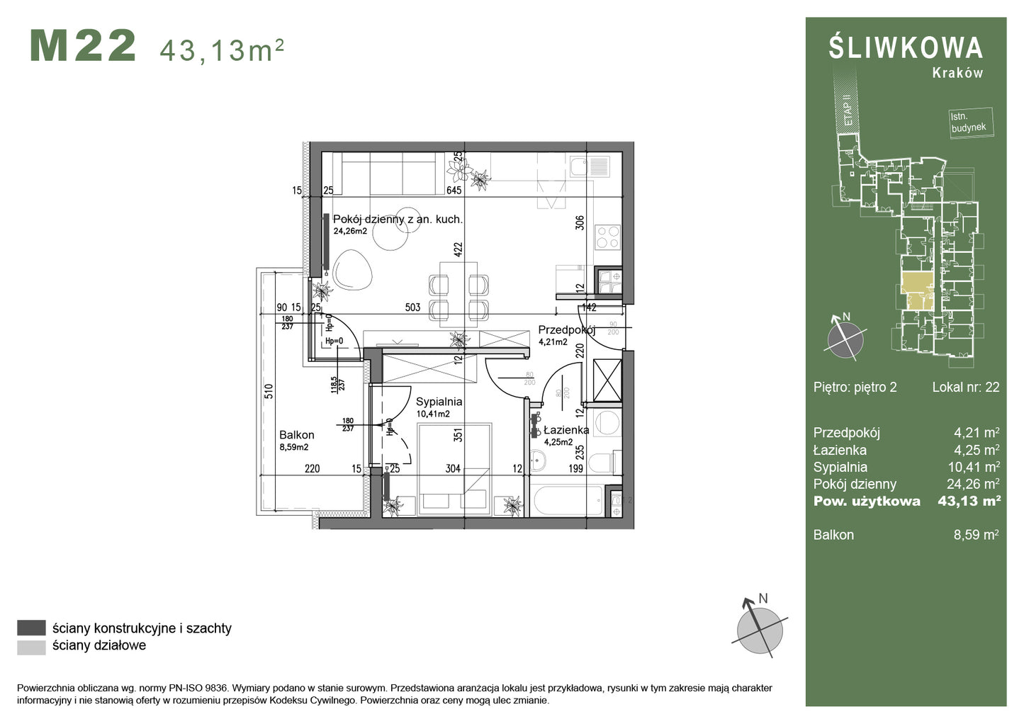 Mieszkanie - M22 -   43,13 m² - 2 pokoje