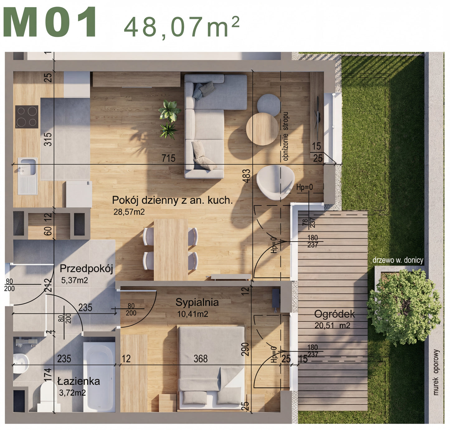 Mieszkanie - M01 - 48,07 m² - 2 pokoje - z ogródkiem