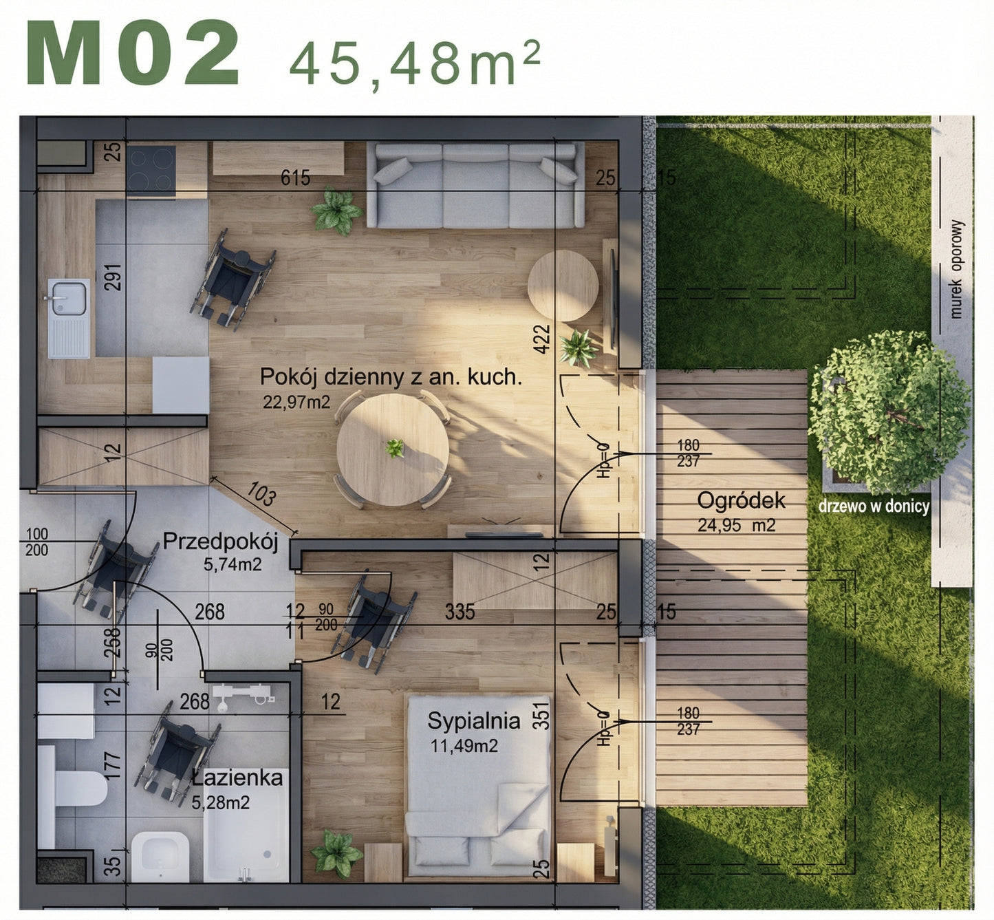Mieszkanie - M02 - 45,48 m² - 2 pokoje - z ogródkiem