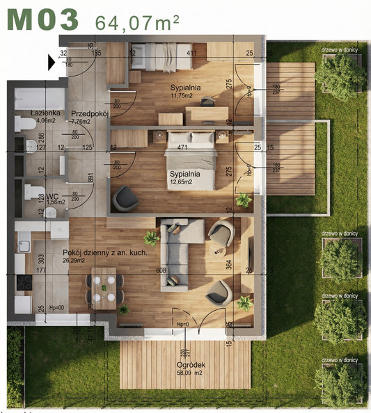 Mieszkanie - M03 - 64,07 m² - 3 pokoje - z ogródkiem
