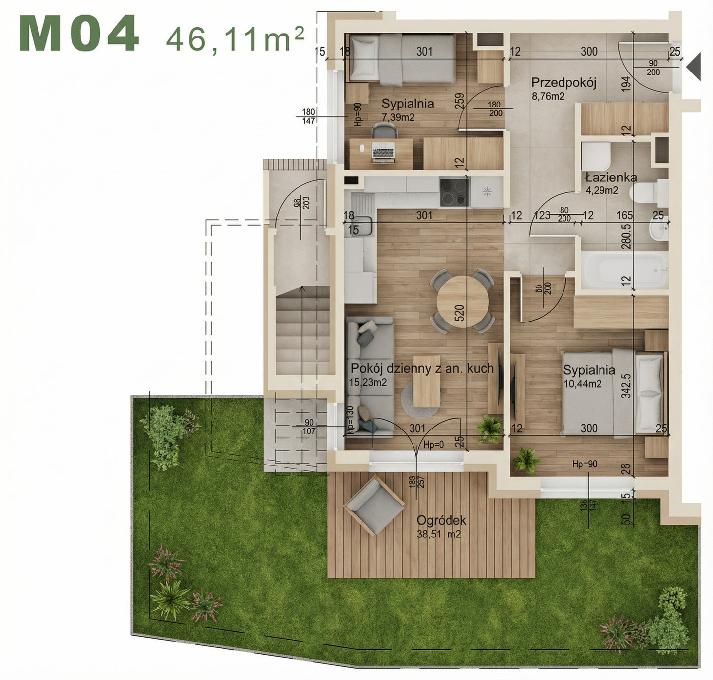 Mieszkanie - M04 - 46,11 m² - 3 pokoje - z ogródkiem