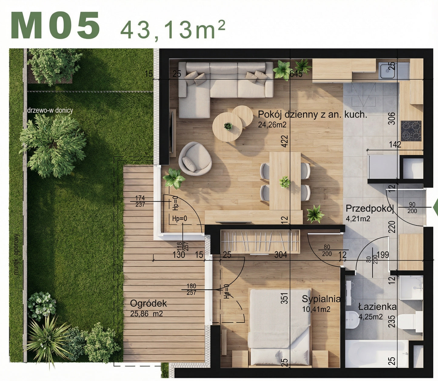 Mieszkanie - M05 - 43,13 m² - 2 pokoje - z ogródkiem