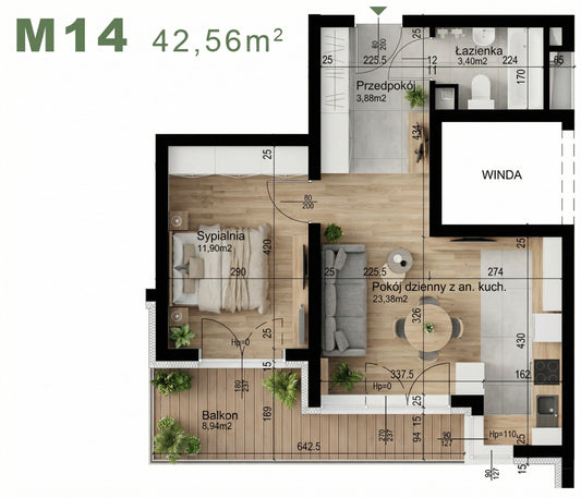 Mieszkanie - M14 -    42,56 m² - 2 pokoje
