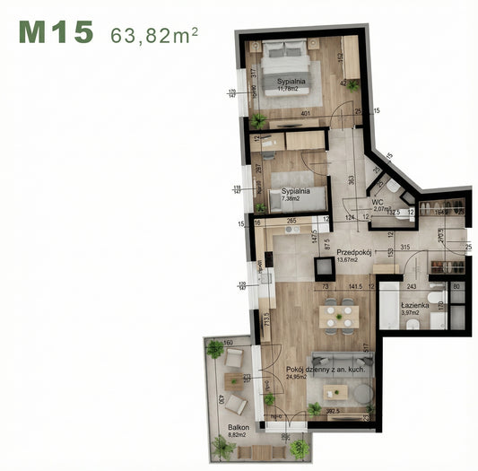 Mieszkanie - M15 -  63,82 m² - 3 pokoje