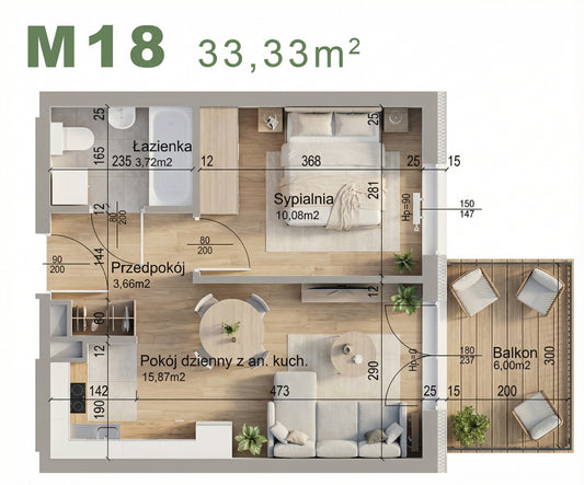 Mieszkanie - M18 -  33,33 m² - 2 pokoje