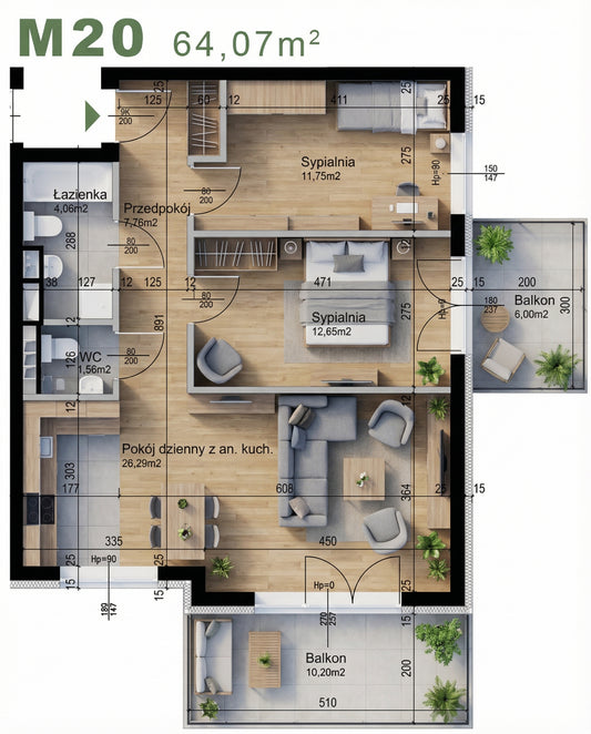 Mieszkanie - M20 - 64,07 m² - 3 pokoje