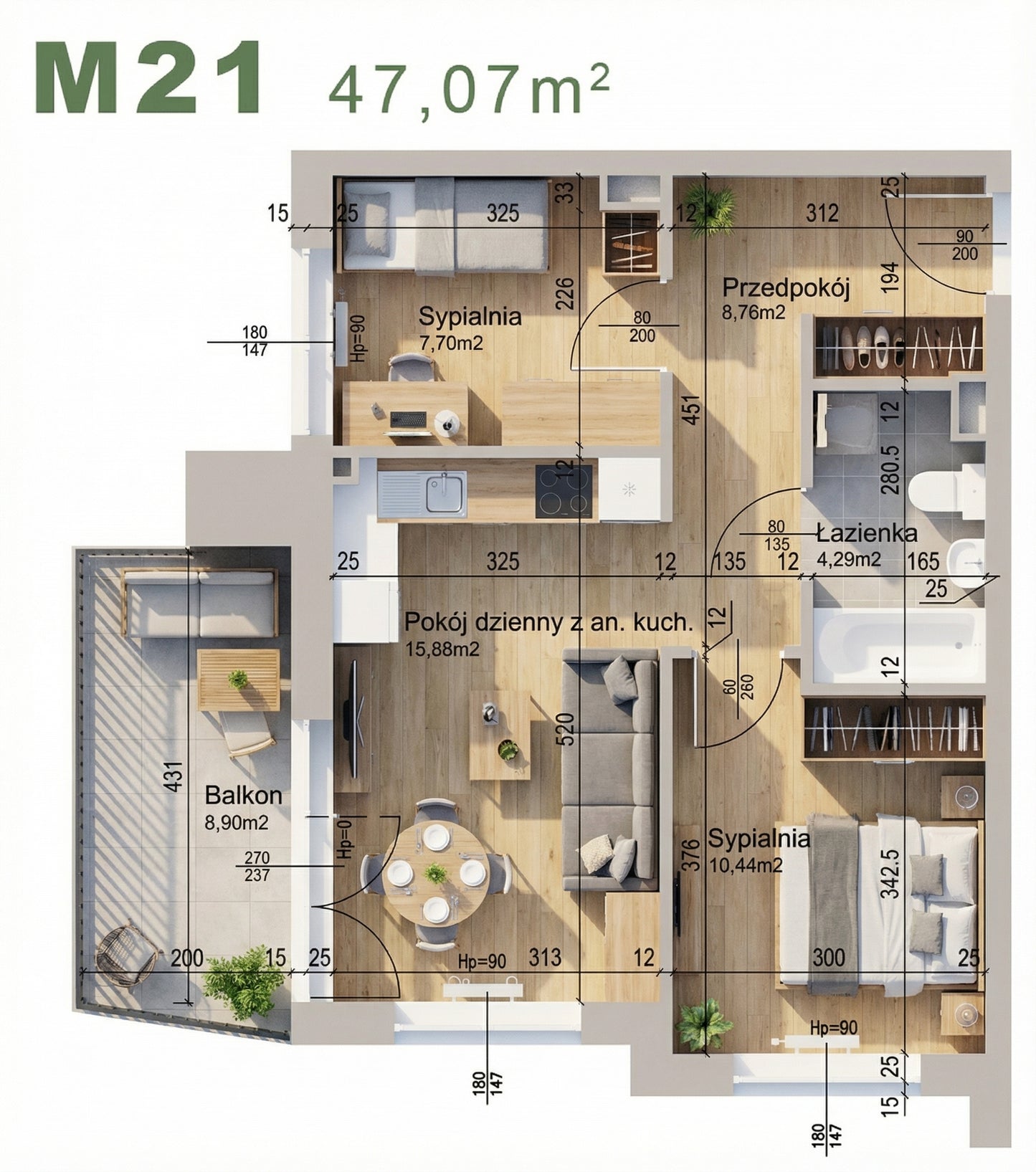 Mieszkanie - M21 -  47,07 m² - 3 pokoje