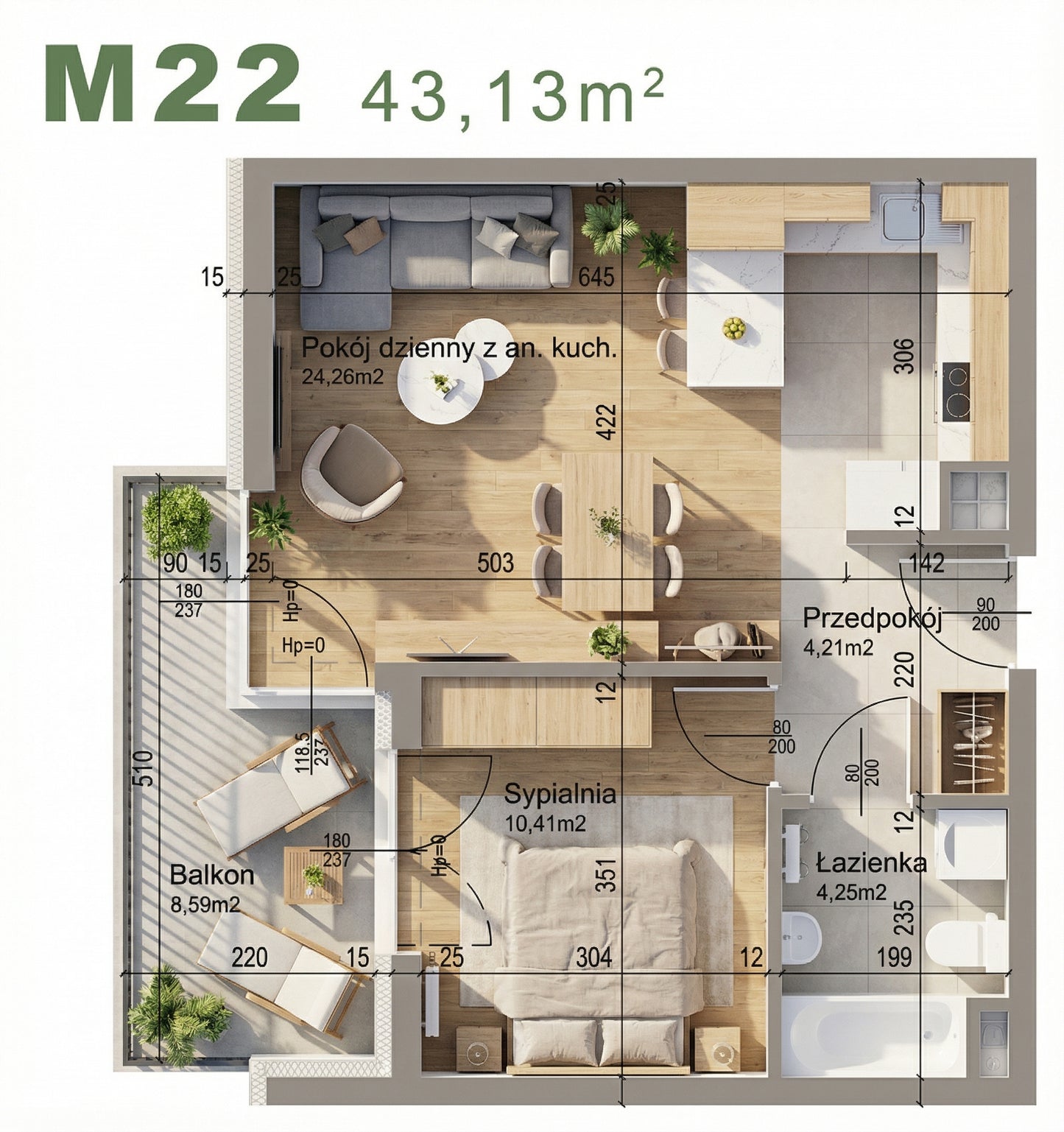Mieszkanie - M22 -   43,13 m² - 2 pokoje