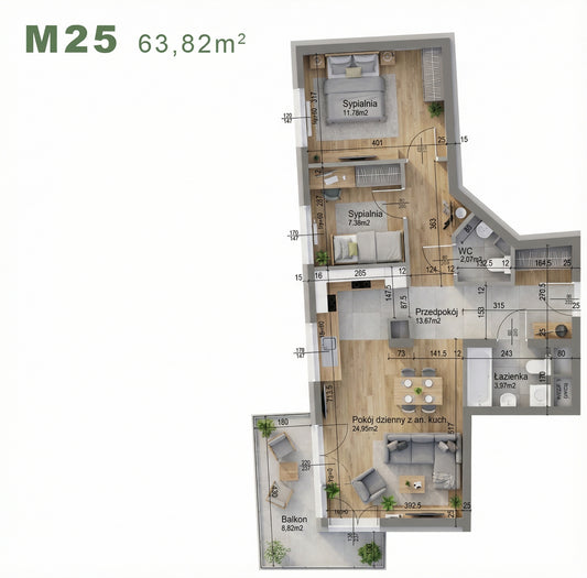 Mieszkanie - M25 - 63,82 m² - 3 pokoje