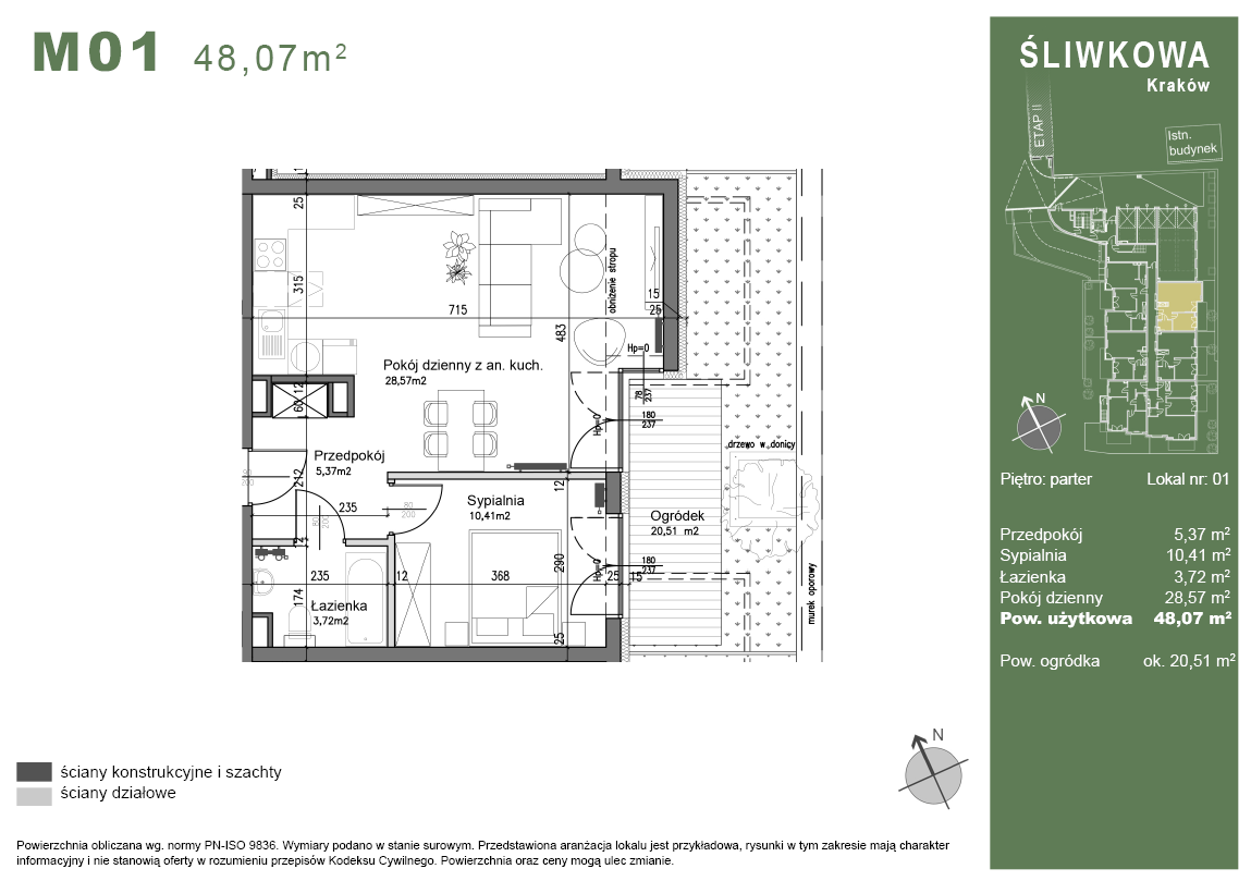 Mieszkanie - M01 - 48,07 m² - 2 pokoje - z ogródkiem