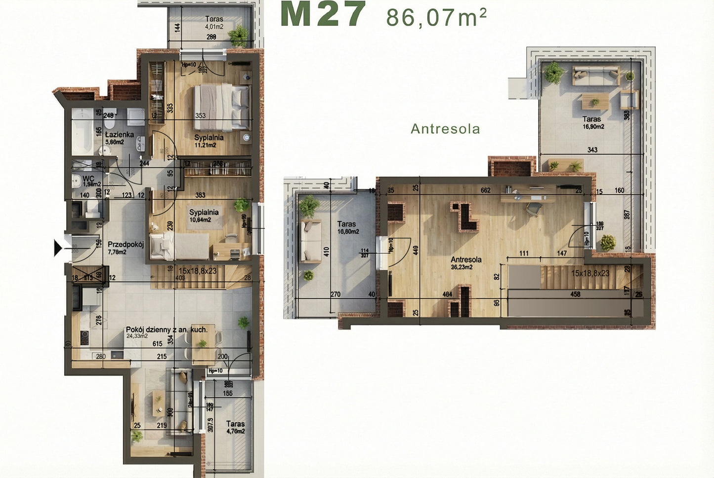 Mieszkanie - M27 - 86,07 m² - 4 pokoje - antresola