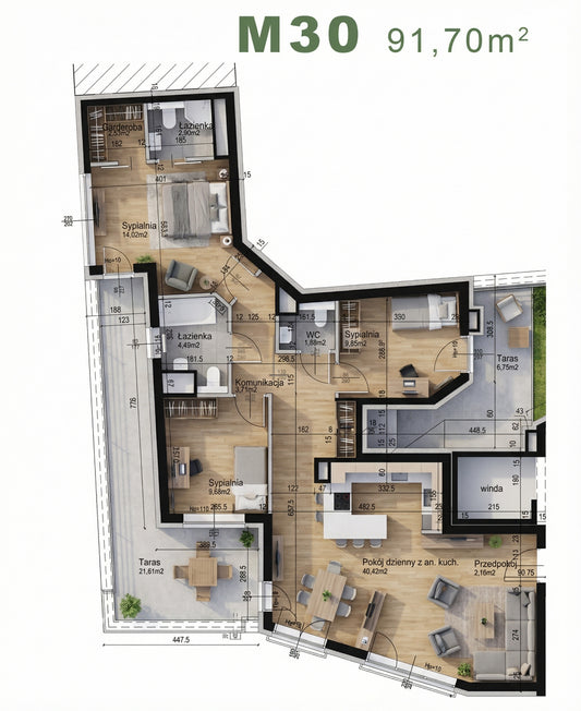 Mieszkanie - M30 - 91,70 m² - 4 pokoje